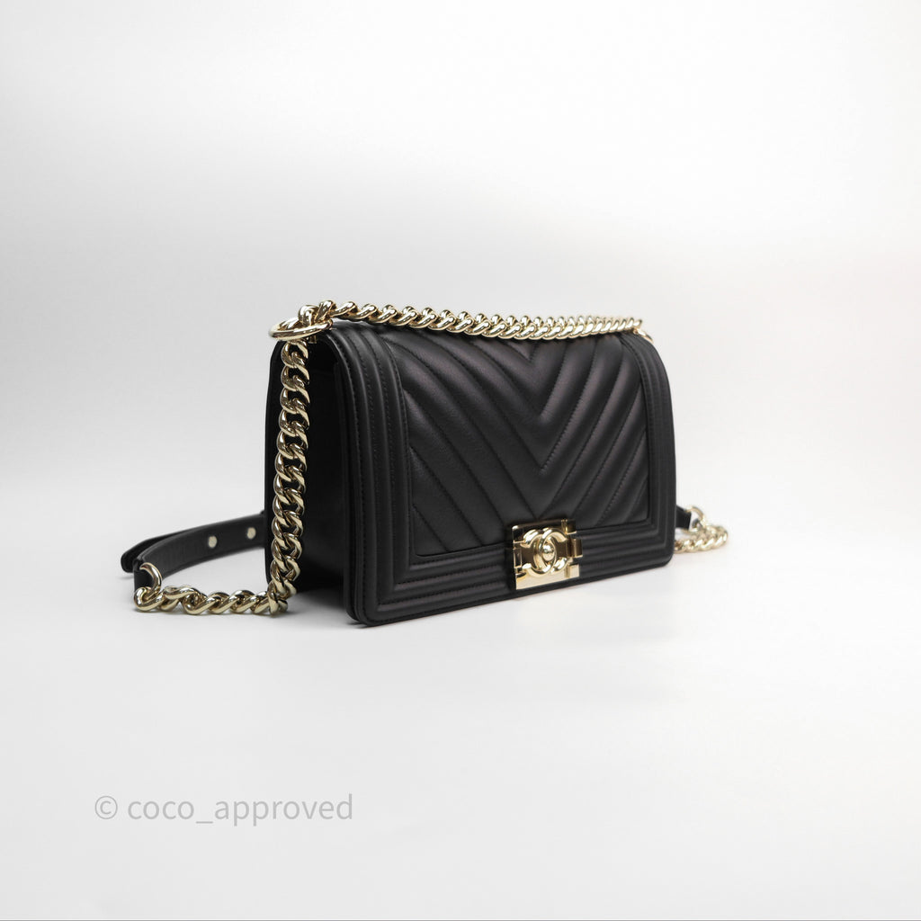 Chanel Medium Boy Chevron Black Calfskin Gold Hardware