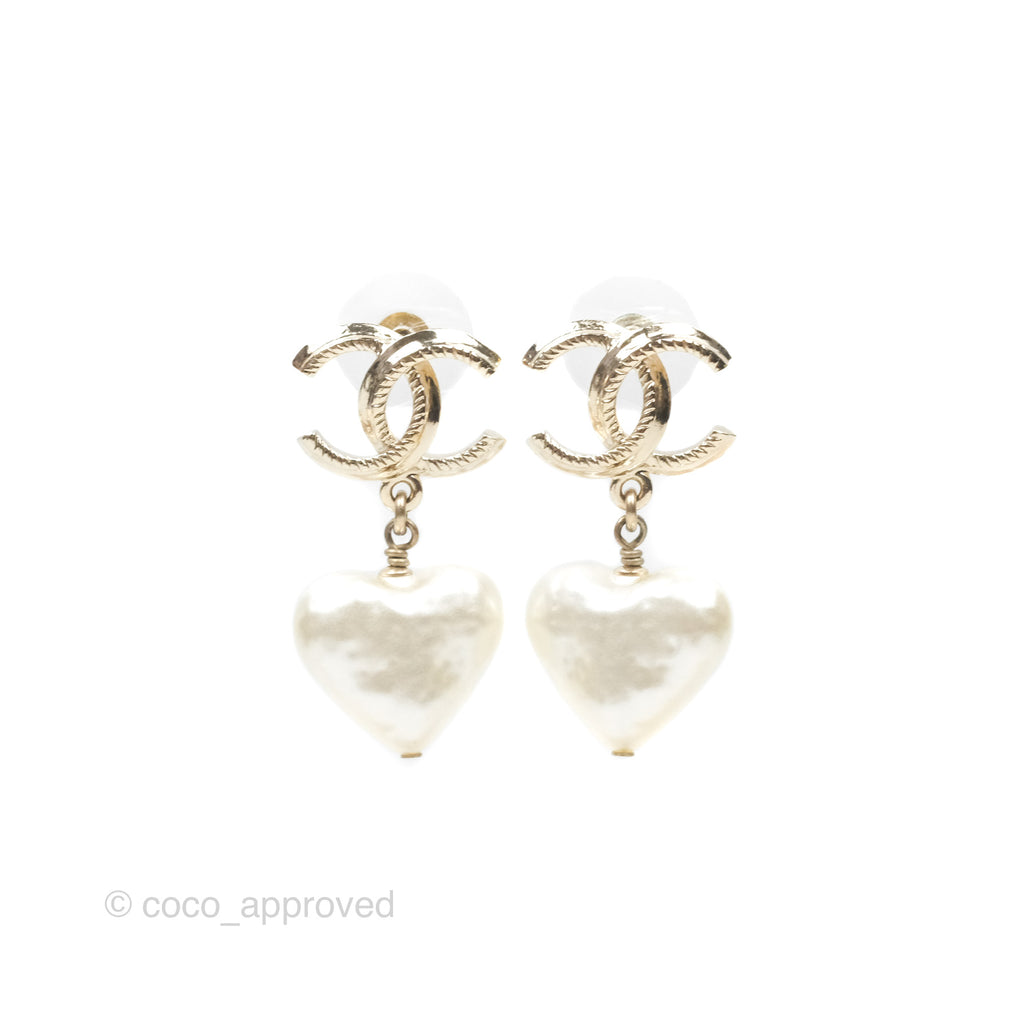 Chanel CC Pearl Heart Drop Earrings Gold Tone 22C