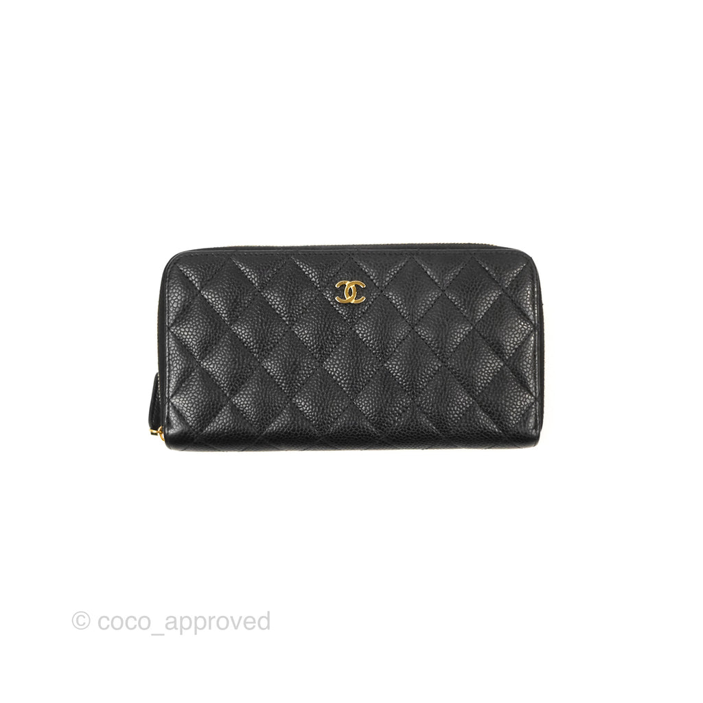 Chanel Quilted Zip Long Wallet Black Caviar Gold Hardware