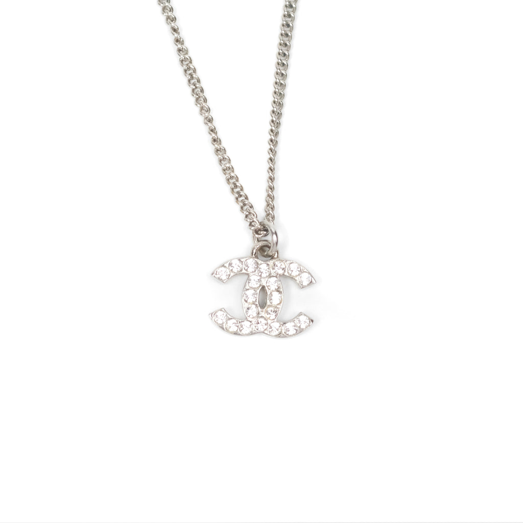 Chanel Crystal CC Necklace Silver Tone 12V