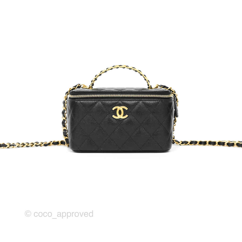 Chanel Logo Top Handle Vanity Rectangular Black Caviar Aged Gold Hardware