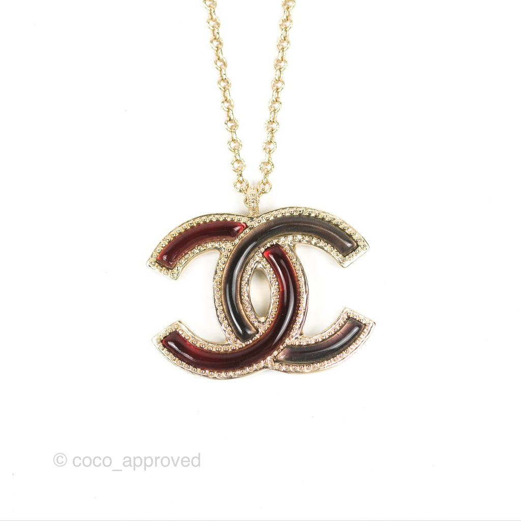 Chanel CC Necklace Burgundy/Grey Enamel Gold Tone 17A