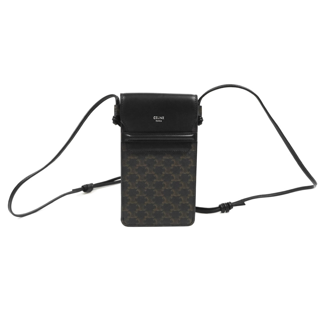 Celine Phone Pouch with Flap Triomphe Canvas Black Lambskin
