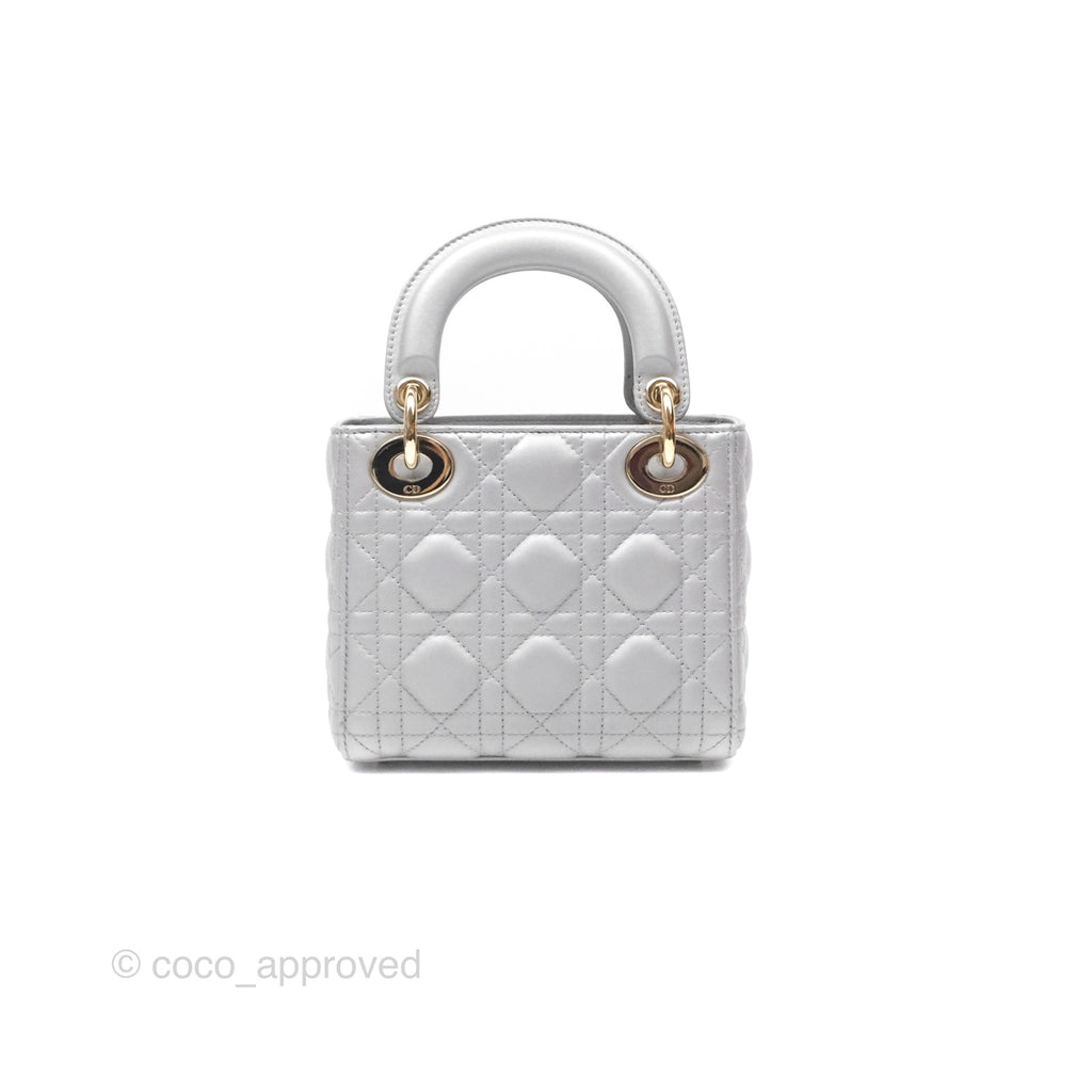 Christian Dior Mini Lady Dior Iridescent Grey Lambskin Cannage Gold Hardware