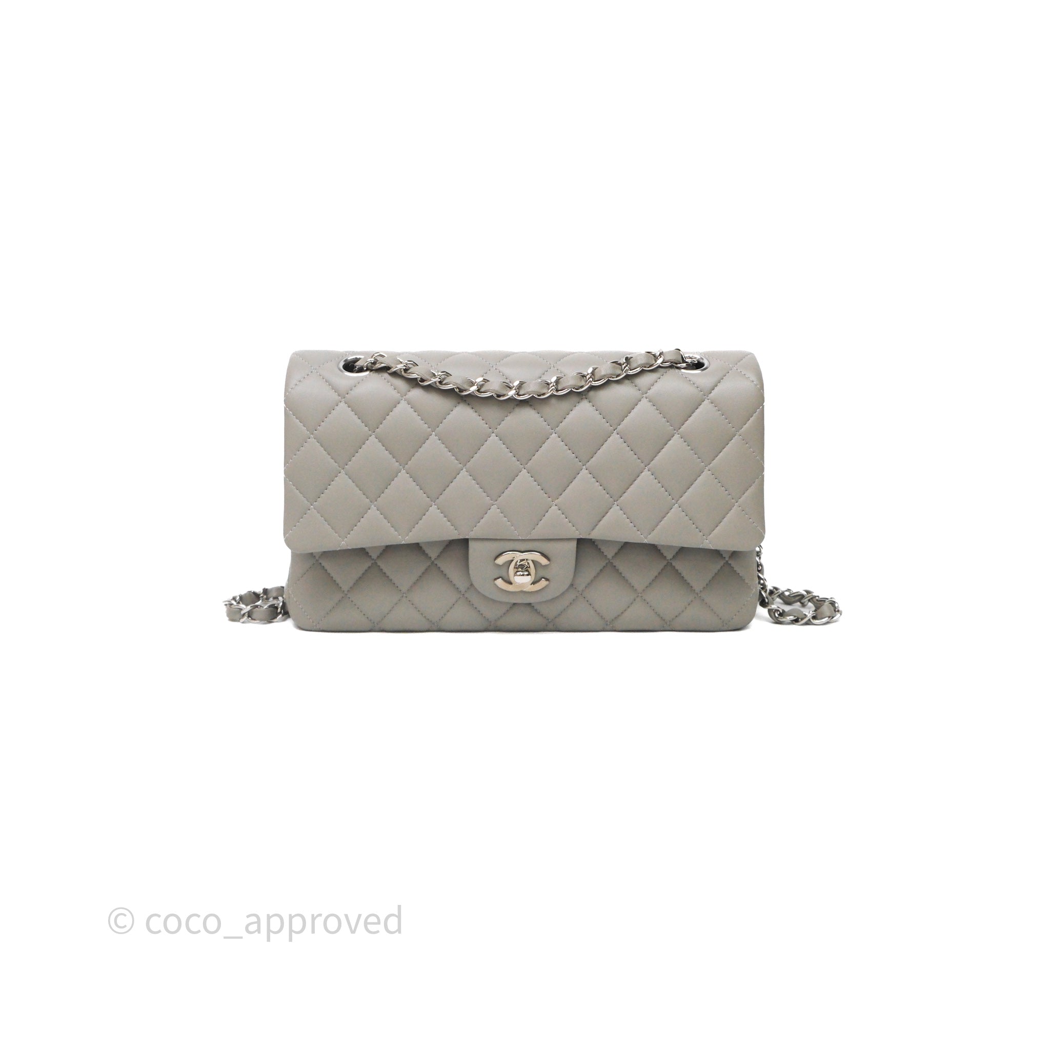 Chanel Classic M/L Medium Flap Quilted Grey Lambskin Silver