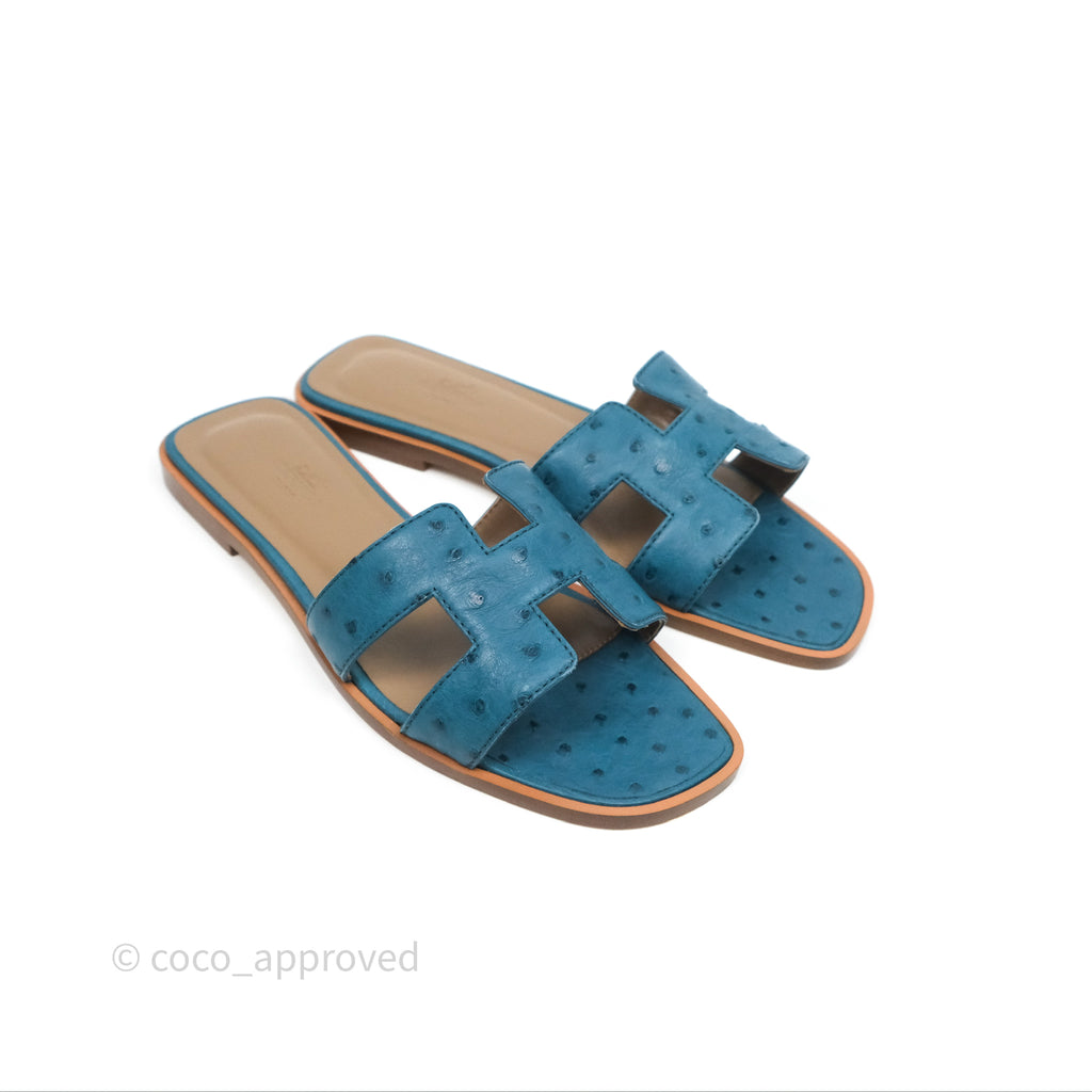 Hermès Oran Sandals in Blue Cobalt Ostrich Size 37