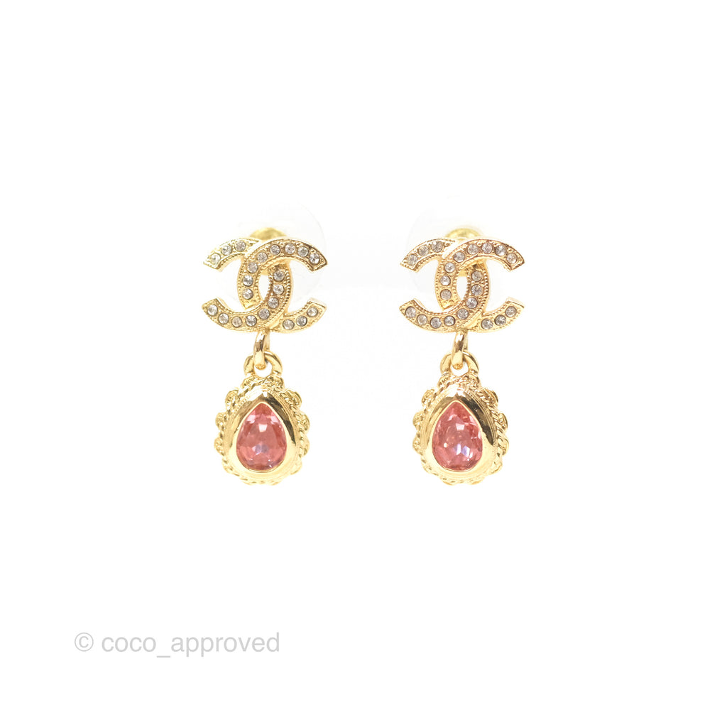 Chanel CC Crystal Pink Tear Resin Drop Earrings Gold Tone 22K