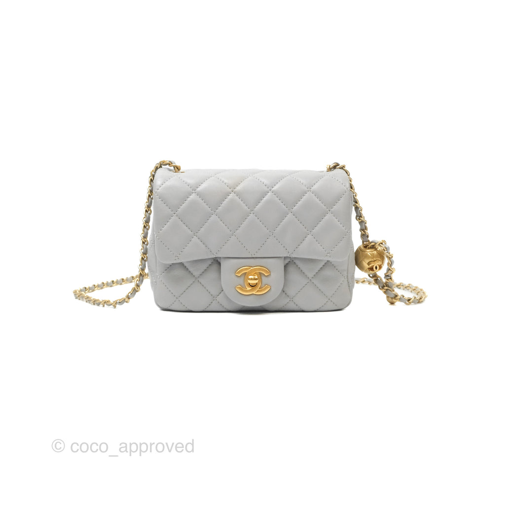 Chanel Pearl Crush Mini Square Quilted Light Grey Lambskin Aged Gold Hardware