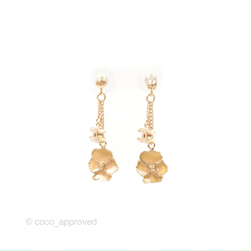 Chanel CC Flower Drop Earrings Gold Tone 13C