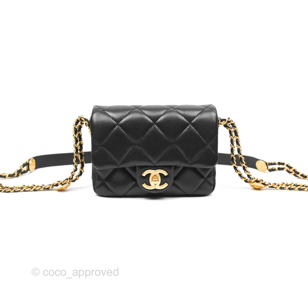 Chanel Mini Flap with Coin Charm Black Caviar Aged Gold Hardware 22A