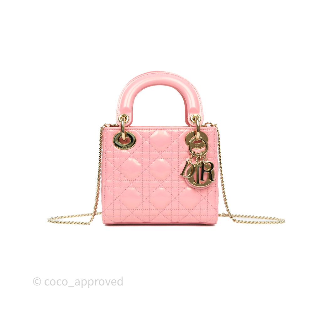 Dior Mini Lady Dior Pink Pearlescent Patent Cannage Gold Hardware