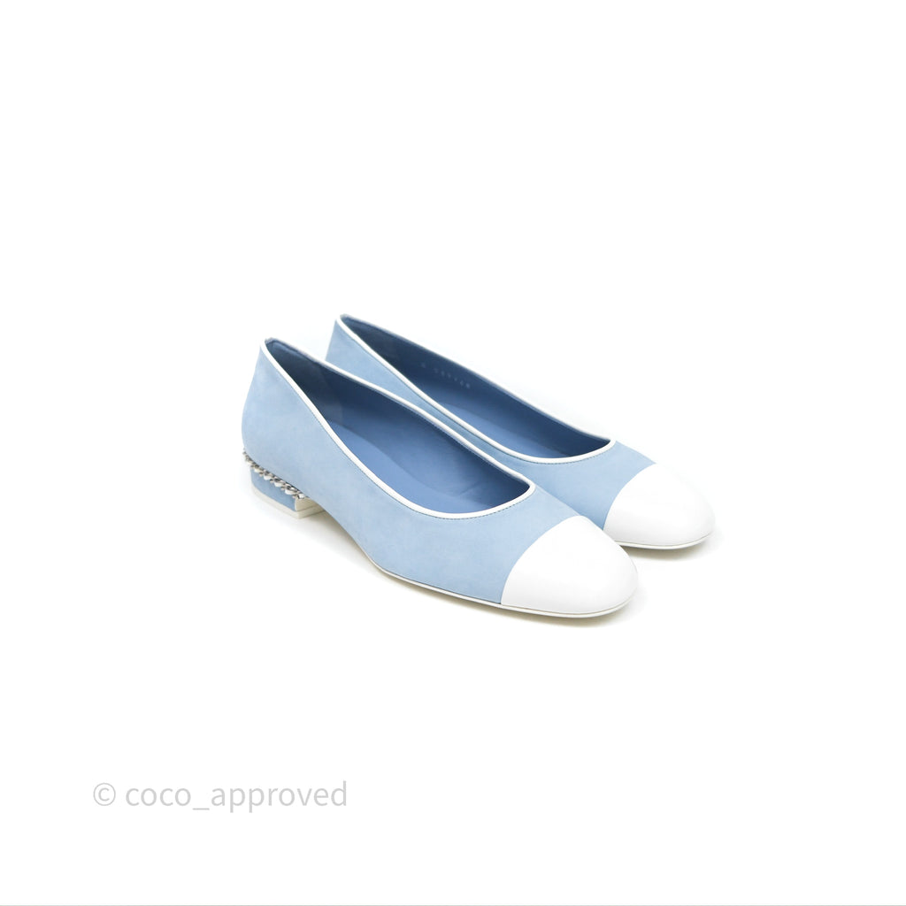 Chanel White Toe Pointed Light Blue Ballerinas With Chain Size 37