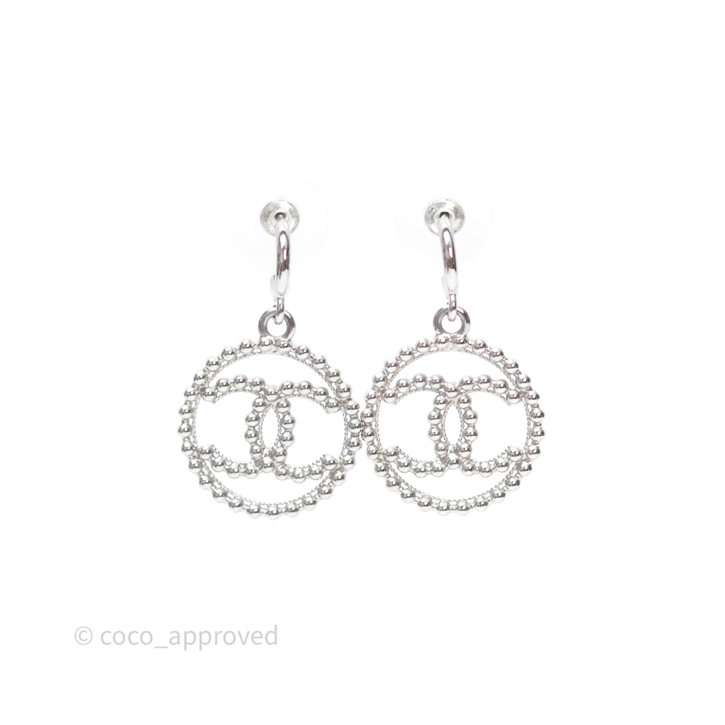 Chanel CC Drop Round Earrings Silver Tone 22C