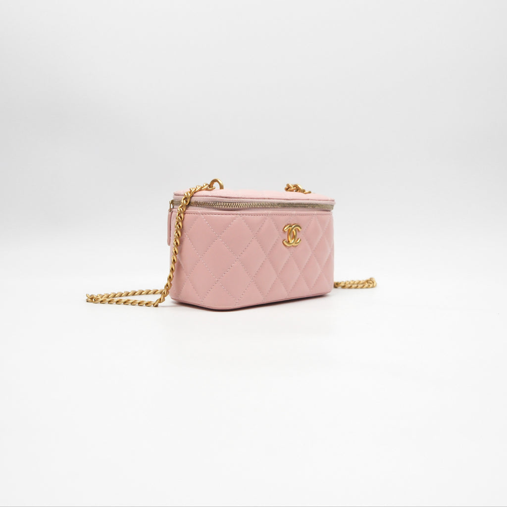 Chanel Quilted Vanity Rectangular with Camellia Adjustable Chain Pink Lambskin 23S