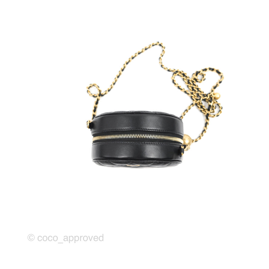 Chanel Pearl Crush Round Clutch With Chain Black Lambskin Aged Gold Ha –  Coco Approved Studio