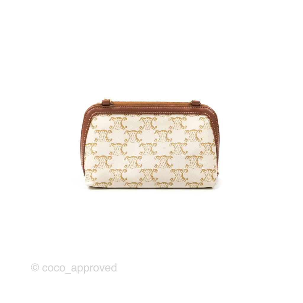 Celine Clutch With Chain Triomphe Canvas Lambskin White/Tan