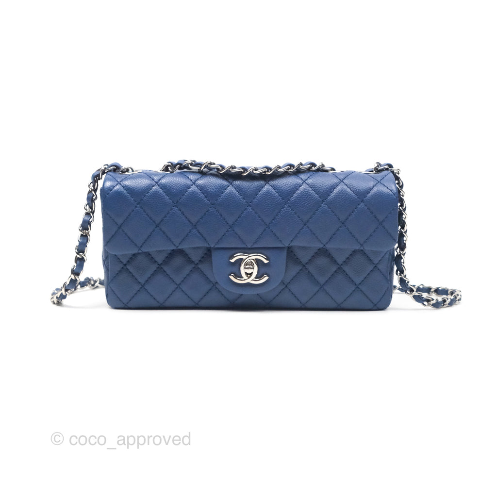 Chanel Quilted East West Flap Bag Blue Caviar Silver Hardware