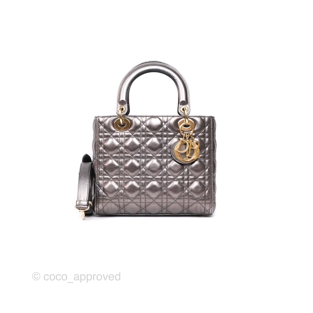 Christian Dior Medium Lady Dior Metallic Dark Grey Lambskin Gold Hardware