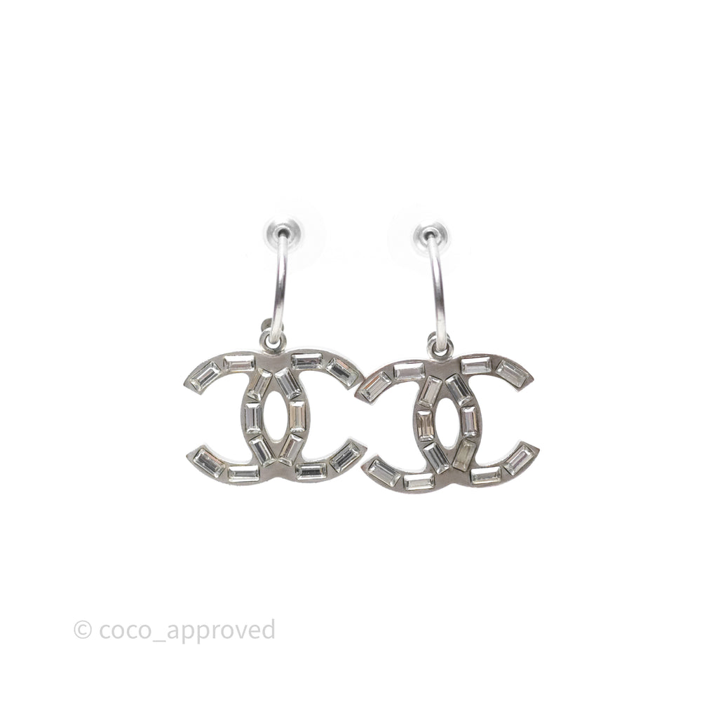 Chanel CC Crystal Drop Earrings Silver Tone 12C