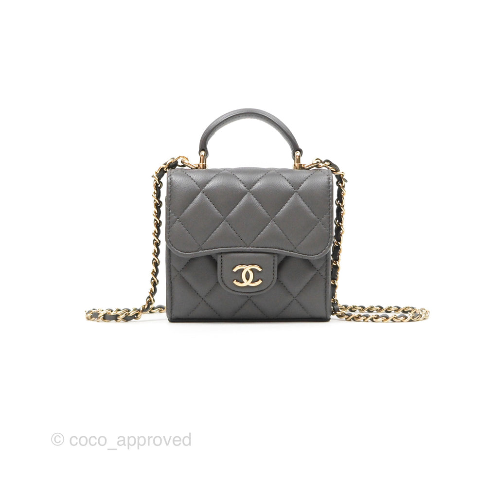 Chanel Mini Handle Clutch With Chain Grey Lambskin Gold Hardware