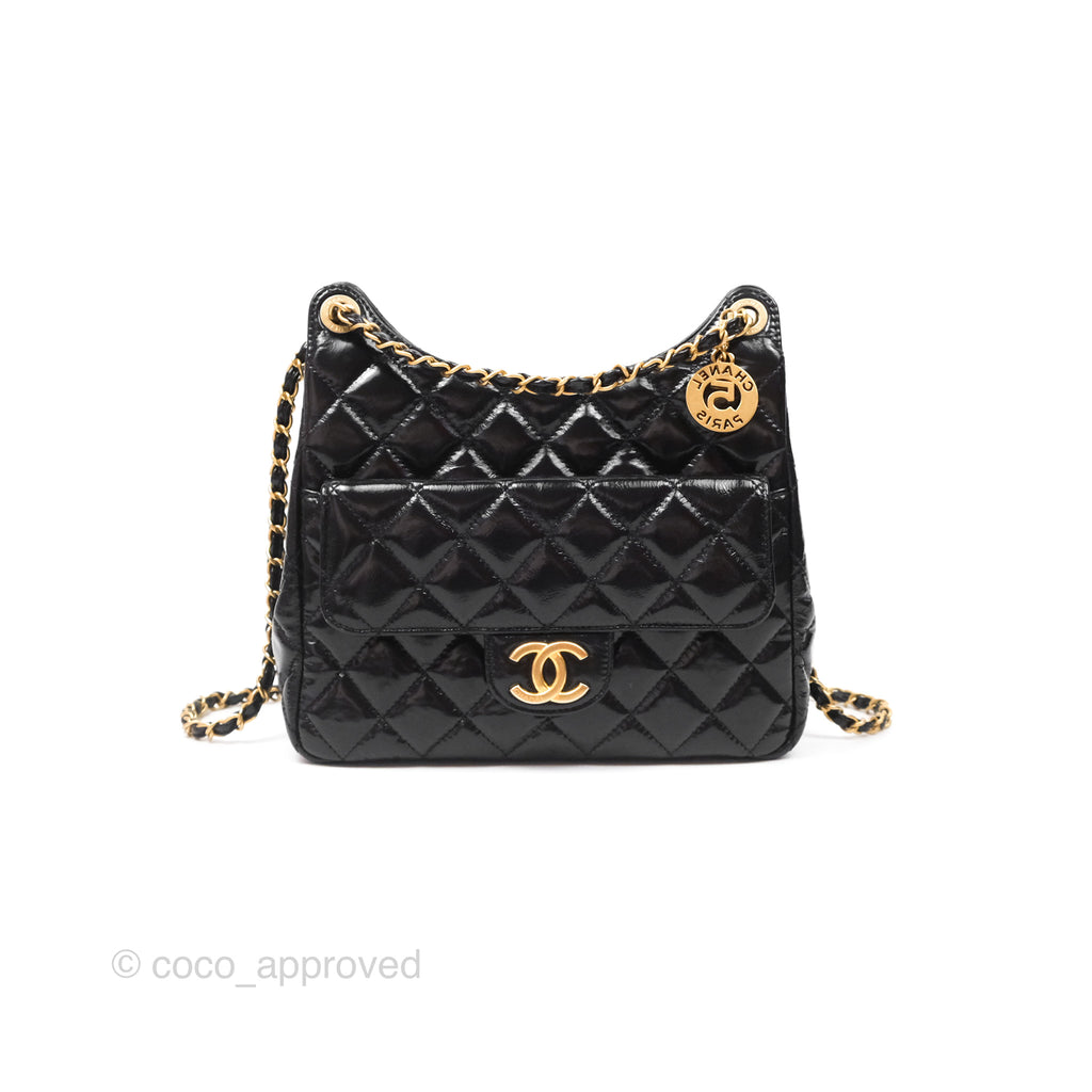 Chanel Medium Quilted Wavy CC Hobo Black Patent Aged Gold Hardware