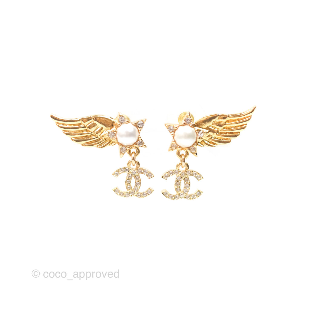 Chanel Pearl Crystal CC Star Wing Earrings Gold Tone 24C