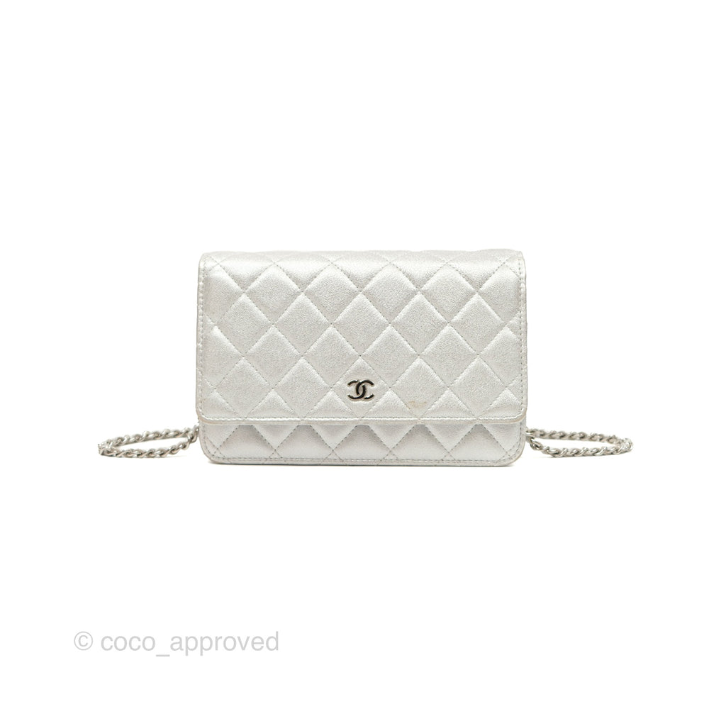 Chanel Quilted Wallet on Chain WOC Iridescent Silver Grained Lambskin Silver Hardware