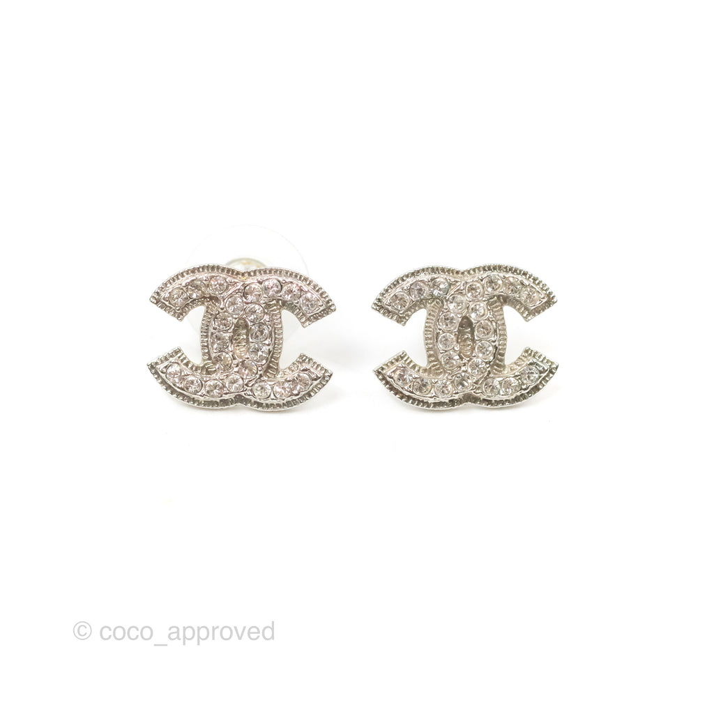 Chanel CC Crystal Earrings Silver Tone