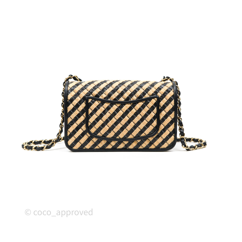 Chanel Quilted Mini Rectangular Flap Raffia Jute Thread Black & Beige Gold Hardware