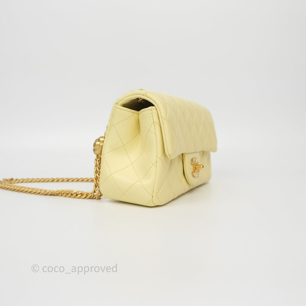 Chanel Mini Rectangular Flap with Camellia Adjustable Chain Yellow Lambskin Aged Gold Hardware 23S