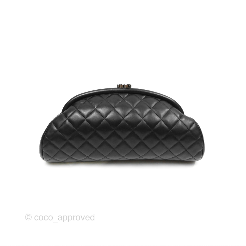 Chanel Quilted Timeless Kisslock Clutch Black Lambskin Silver Hardware