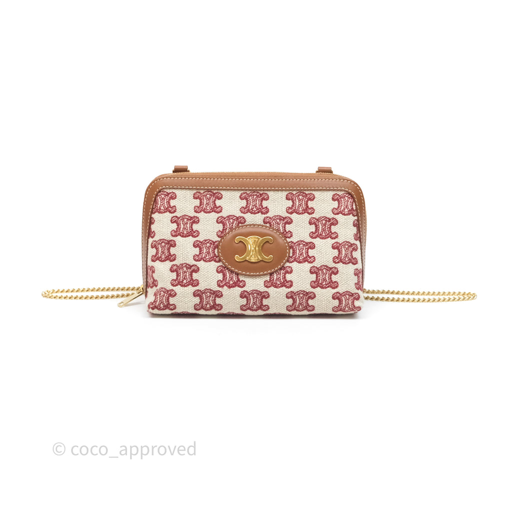 Celine Clutch With Chain in Triomphe Embroideries Red/ Ecru