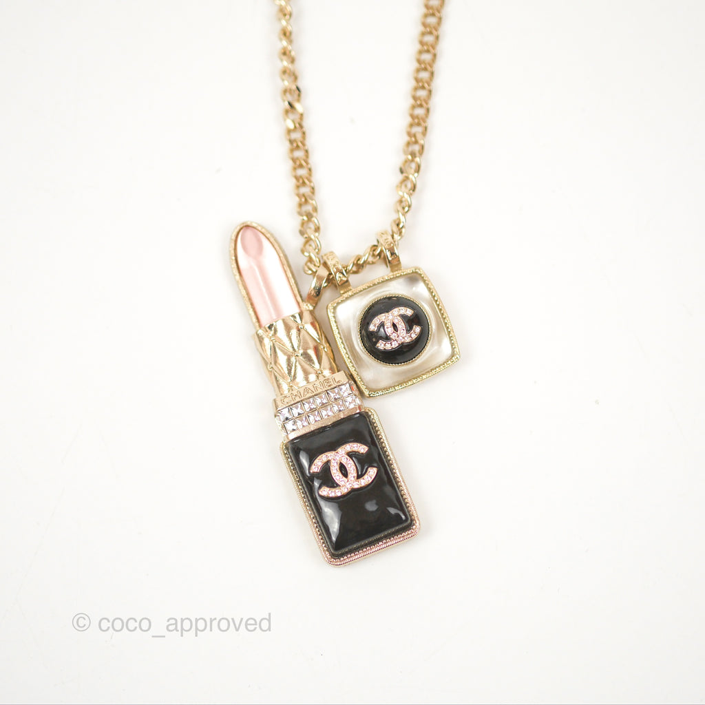 Chanel Crystal Lipstick Charm Pendant Necklace Gold Tone 22C