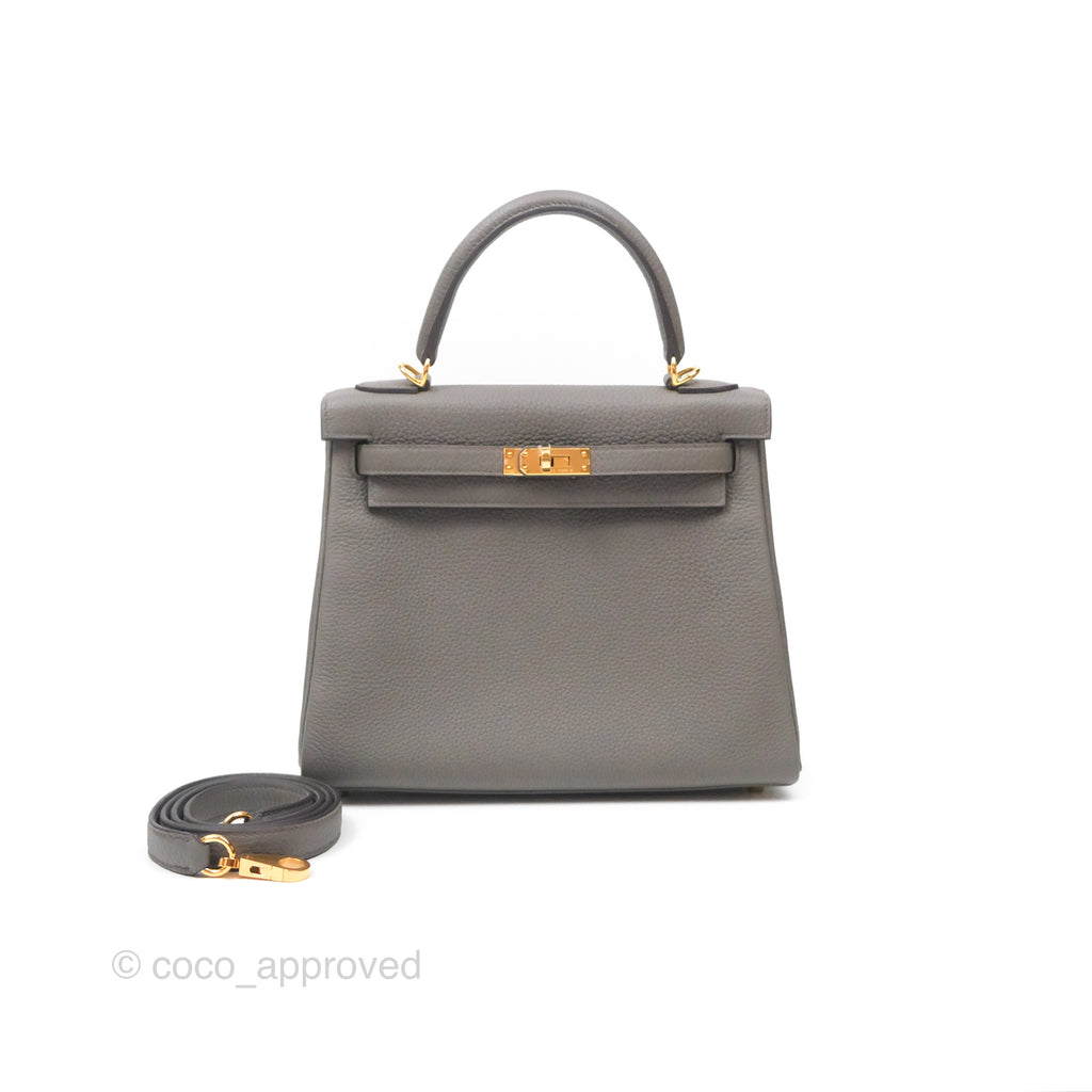 Hermès Kelly 25 Retourne Gris Etain 8F Togo Gold Hardware