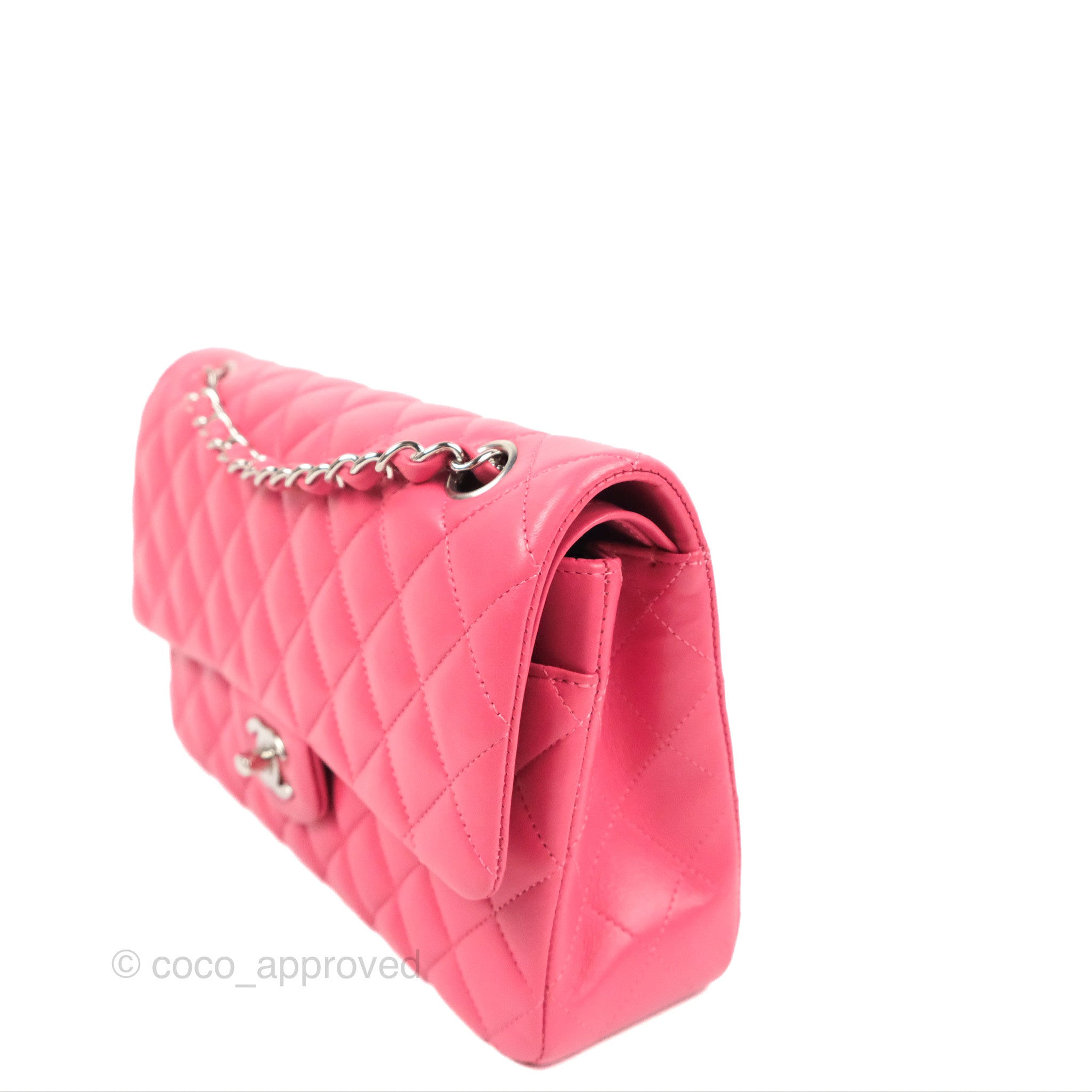 CHANEL Classic Double Flap Medium Hot Pink Lambskin Silver