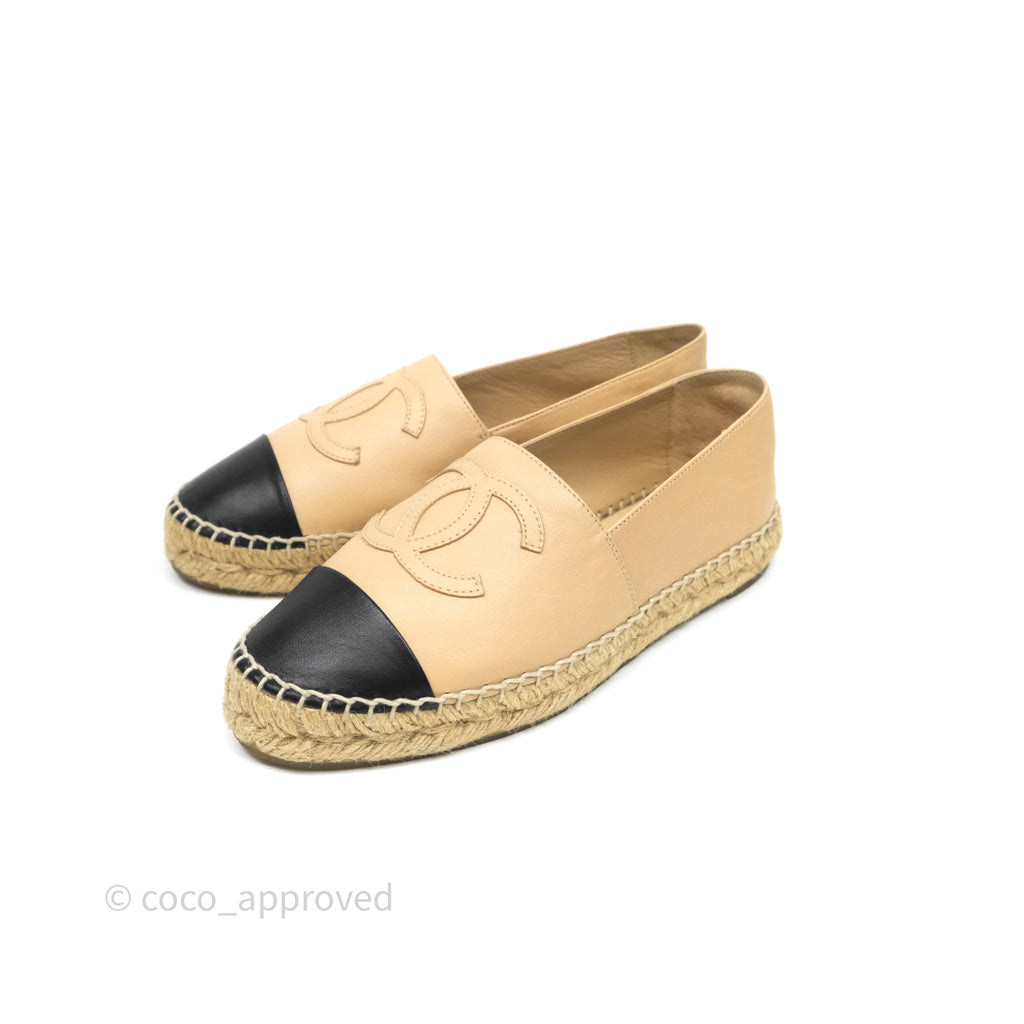 Chanel CC Espadrilles Beige Black Lambskin Size 36