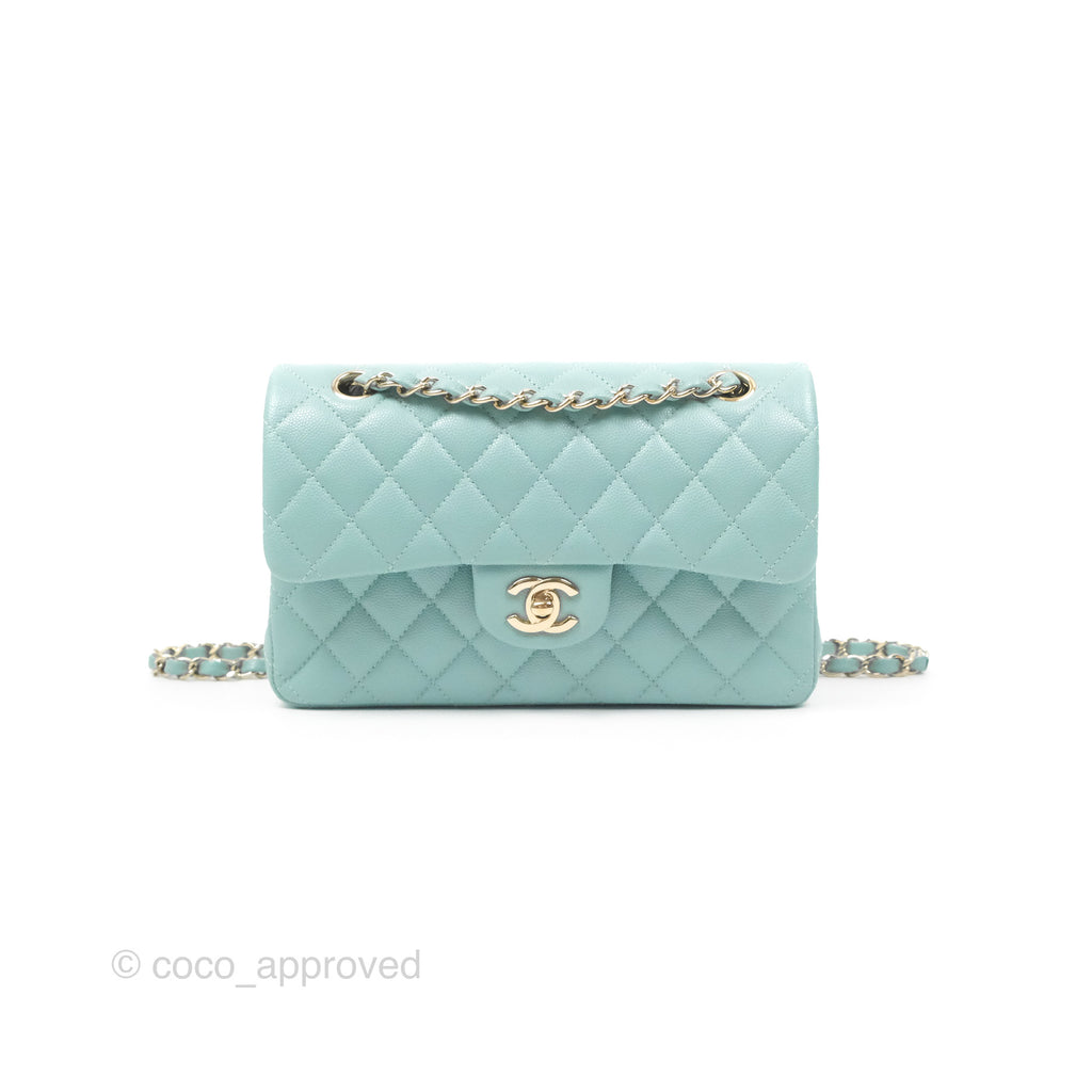 Chanel Small Classic Quilted Flap Tiffany Green Caviar Gold Hardware