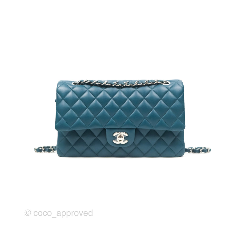 Chanel Classic M/L Medium Flap Quilted Teal Lambskin Silver Hardware