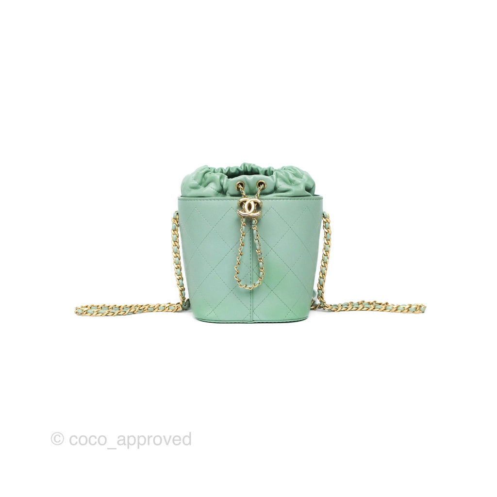 Chanel Drawstring Bucket Bag Quilted Green Caviar Aged Gold Hardware