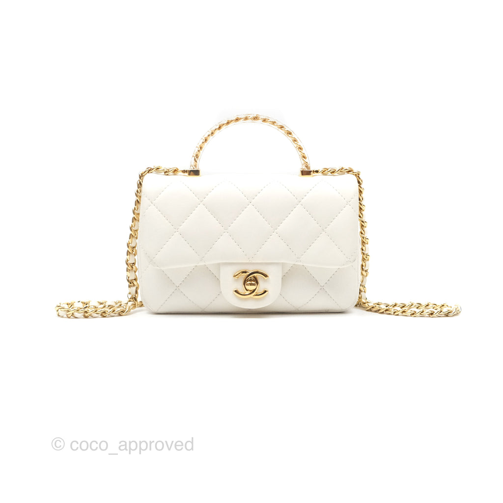 Chanel Top Handle Mini Flap Ivory White Lambskin Gold Hardware