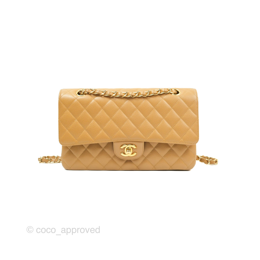 Chanel Classic M/L Medium Flap Quilted Beige Caviar Gold Hardware