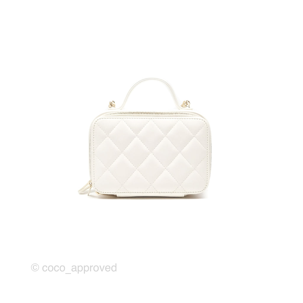 Chanel Top Handle Quilted Vanity Case White Shiny Lambskin Good Hardware