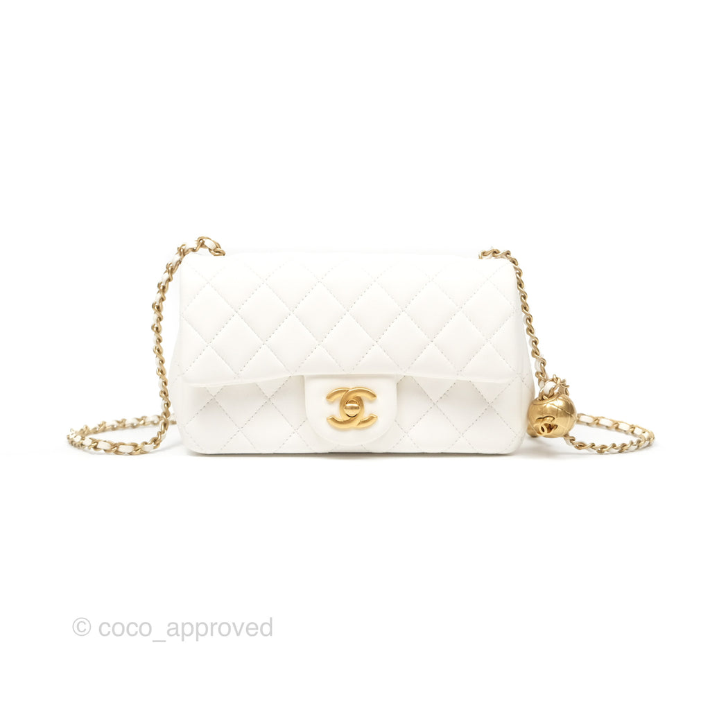 Chanel Mini Rectangular Pearl Crush Quilted White Lambskin Aged Gold Hardware