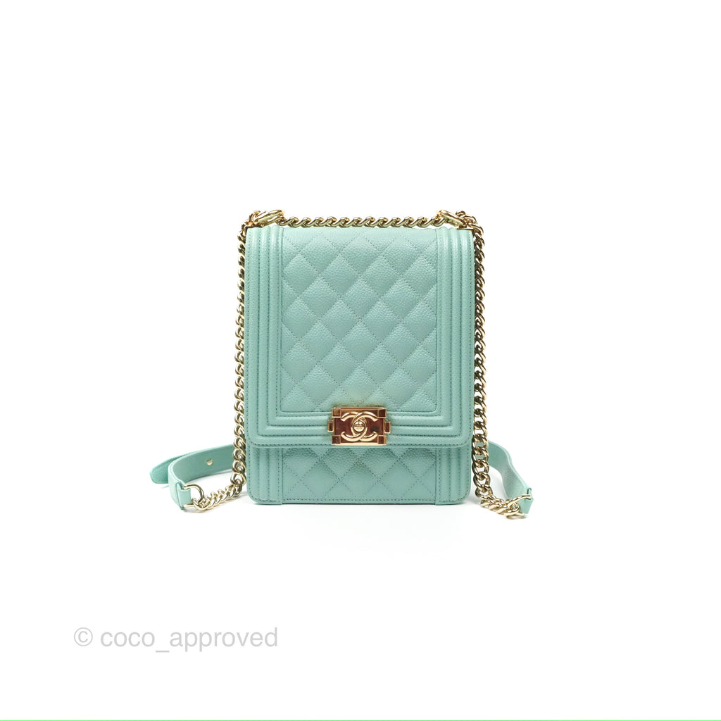 Chanel Quilted North South Boy Flap Tiffany Green Caviar Gold Hardware