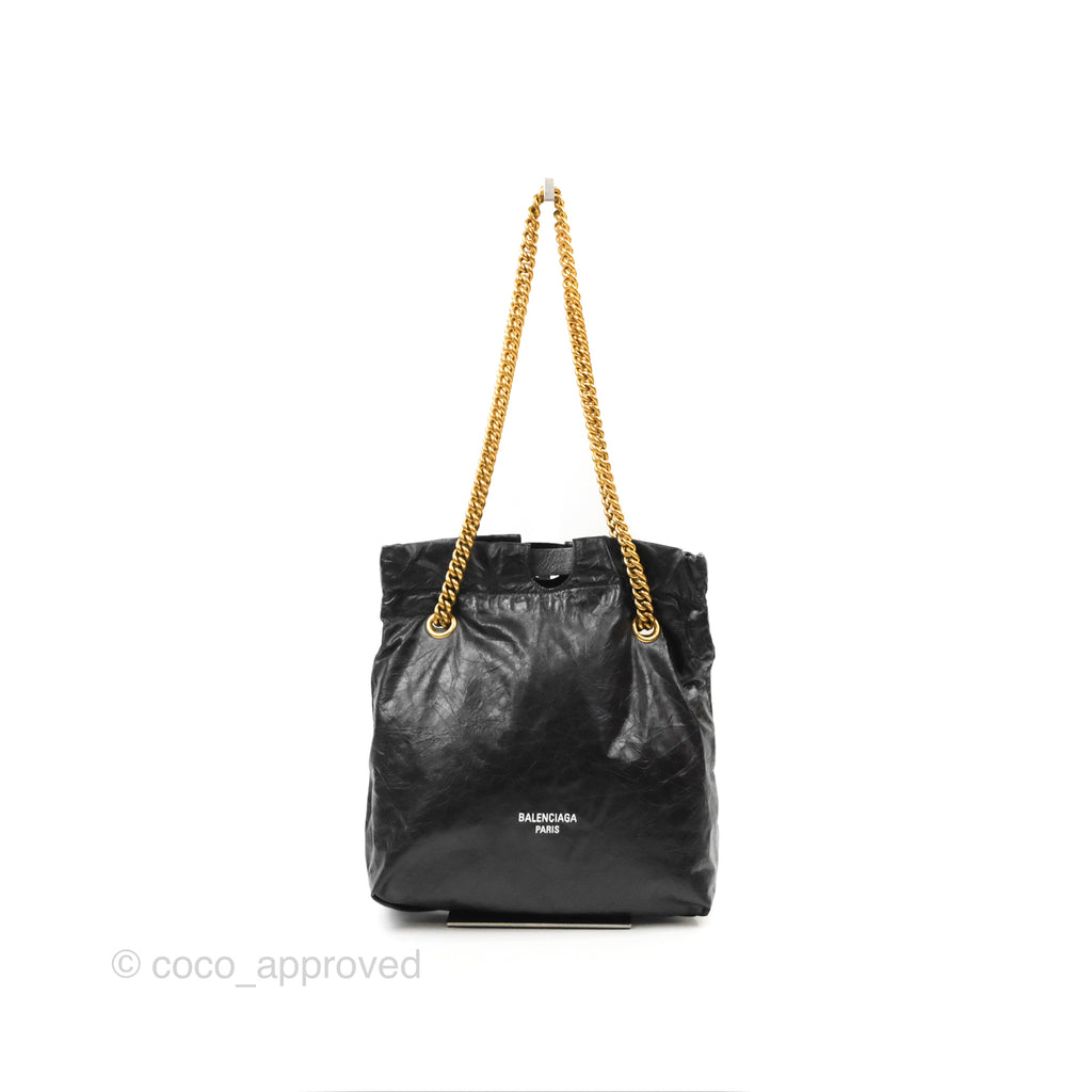 Balenciaga Small Crush Tote Bag Black Calfskin Aged Gold Hardware