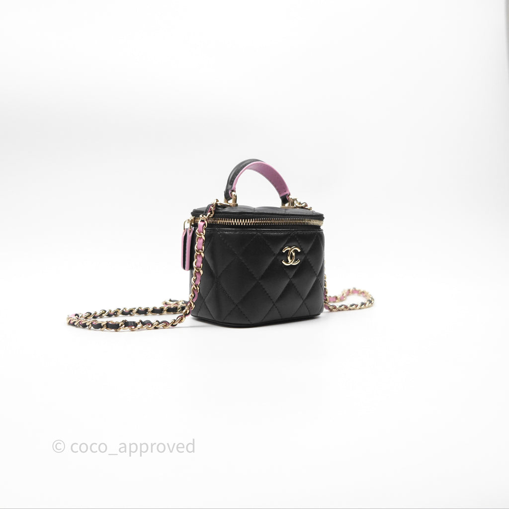 Chanel Mini Top Handle Vanity With Chain Black/ Pink Lambskin Gold Hardware