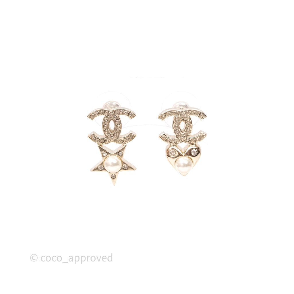 Chanel Crystal CC Star & Heart Pearl Earrings Gold Tone 19B
