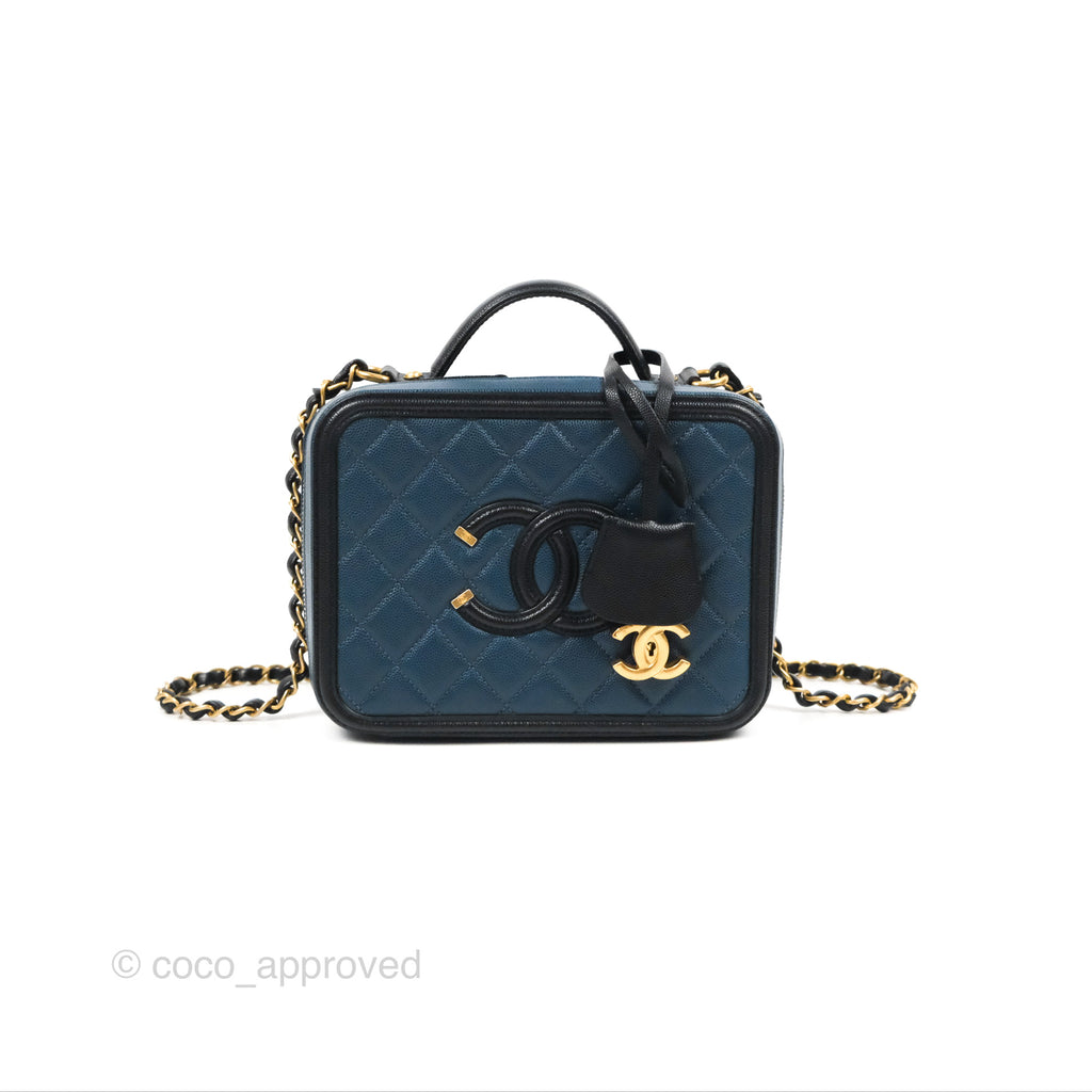 Chanel Quilted Medium CC Filigree Vanity Case Navy Black Caviar Aged Gold Hardware