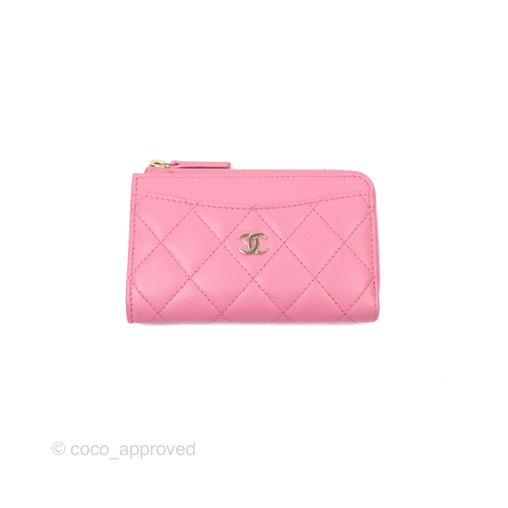 Chanel Quilted Zip Card Holder Pink Lambskin Gold Hardware