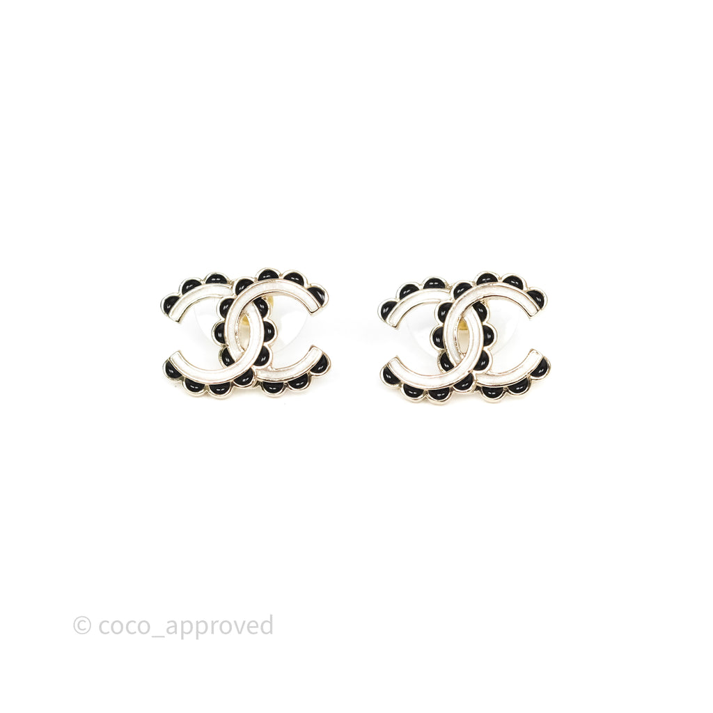 Chanel CC Earrings White Black Resin Gold Tone 24B